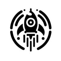 A stylized, blackandwhite glyph depicting a rocket ship blasting off, framed within a circular burst pattern, conveying themes of launch and innovation. vector