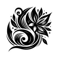 Elegant black and white floral composition featuring a stylized flower surrounded by flowing lines, leaves, and swirling patterns, with a clean, minimalist aesthetic. vector