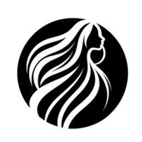 Elegant silhouette of a woman with flowing hair, enclosed in a black circle, depicting grace and beauty in minimalist style. vector