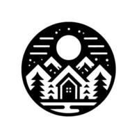 Monochromatic circular emblem featuring a stylized cabin scene mountains, trees, moon, and a starlit sky, evoking tranquility and natures beauty. vector