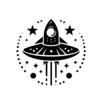 Stylized black and white retro space ufo rocketship with celestial accents in a circular design. vector