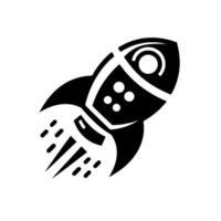 Sleek black and white rocket ship soaring upward, depicting speed and exploration, against a pure white background. vector