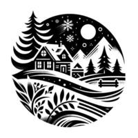 A black and white winter scene in a circular frame featuring a snowy village with houses, mountains, trees, snowflakes, and a serene night sky. vector