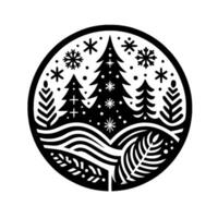 A stylized, circular black and white christmas illustration featuring a snowy landscape with trees, snowflakes, and decorative foliage within a round frame. vector