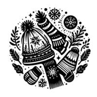 Intricate black and white winter illustration featuring a cozy hat, mittens, scarf, and snowflakes arranged in a circular pattern. vector