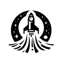 Illustration of a rocket launching through a celestial black circle, surrounded by stars and planets. vector