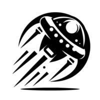 A stylized, representation of a spaceship, rendered in bold black and white, within a circular frame, suggesting speed and extraterrestrial travel. vector