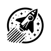 A retro black and white illustration featuring a rocket ship blasting off in a starry night sky, all contained within a circular frame. vector