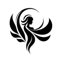 Silhouette of a woman with flowing hair and wings, framed by a crescent moon and organic shapes, representing grace. vector
