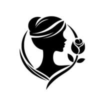 Elegant silhouette of a woman with updo and rose, set within a circular frame, evoking beauty and grace. vector