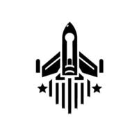 A minimalist, geometric rocket with star emblems and abstract vapor trails, representing space exploration. vector