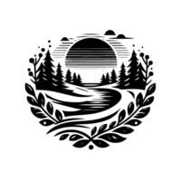 Serene black and white circular illustration depicting a sun setting over a winding path through a forest, framed by a laurel wreath. vector