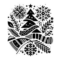 A black and white christmas emblem a stylized festive composition featuring a tree, snowflakes, scarf, and botanical elements. vector