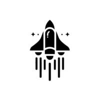 A sleek, black and white illustration depicts a rocket ship taking off, with stars and an exclamation mark inside a window, against a clean white background. vector