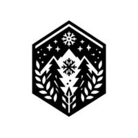A minimalist, geometric black and white emblem featuring a winter landscape within a hexagon mountains, evergreen trees, a central snowflake, surrounding stars, and leaf accents. vector