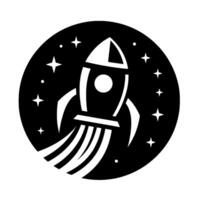A minimalist, black and white illustration featuring a rocket ship launching from a backdrop of stars within a circular frame, symbolizing space exploration and technological advancement. vector