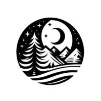 A monochromatic circular of a moonlit mountainscape, featuring a crescent moon, stars, fir trees, and mountain peaks, all enclosed in a circle. vector
