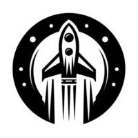 A stylized, black and white featuring a rocket ship taking off, encased in a circular frame with dot accents, conveying a sense of space exploration and ambition. vector