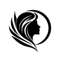 Elegant silhouette of a womans profile with flowing hair enclosed in a circle, surrounded by stylized leaves, on white. vector