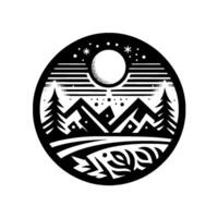 A stylized black and white winter landscape within a circle, featuring snowy mountains, pine trees, moon, stars, and decorative elements. vector