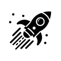 A stylized black rocket blasting off with fire, surrounded by scattered black dots against a clean white background. vector