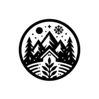 Monochromatic circular depicting a snowcapped mountain range, cabin, evergreen trees, moon, stars, and a snowflake, evoking a winter landscape. vector