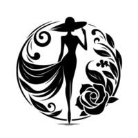 Silhouette of an elegant woman in a hat, surrounded by floral and flowing lines, contained within a circular design, showcasing grace and sophistication. vector