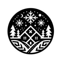A minimalist winter scene of a cozy home nestled amidst stylized trees, snowflakes, and the moon within a circular frame, evoking warmth and holiday cheer. vector
