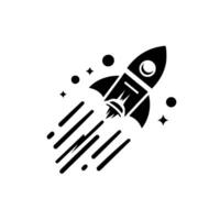 Bold black and white silhouette of a rocket launching upward with stars and particles on a clean white background vector