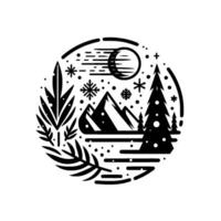 Black and white winter wonderland stylized mountain scene in a circular frame, featuring moon, snowflakes, trees, and foliage. vector