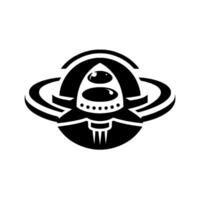 Bold, symmetrical monochrome illustration featuring a stylized spacecraft surrounded by rings, suggesting a futuristic concept. vector