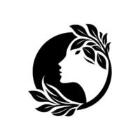 A stylized, minimalist featuring a womans profile intertwined with leaves and a dark circle, suggesting nature and elegance. vector