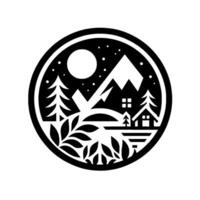 A stylized black and white landscape in a circular frame depicts a serene night scene with mountains, a cabin, pine trees, stars, and a full moon. vector