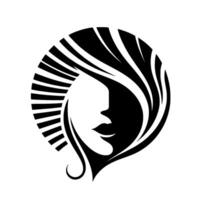 Elegant black and white silhouette a stylized womans profile surrounded by flowing hair, in a sunburst pattern, against a clean white background. vector