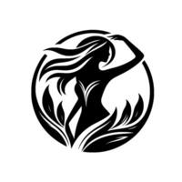 Elegant silhouette a female form within a circle, encircled by stylized leaves, with a hand raised, evoking grace and nature in a monochrome design. vector