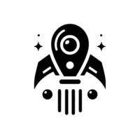 Of a stylized black rocket, with a detailed engine and star accents, set against a clean white backdrop, evoking futuristic design. vector
