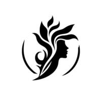 Elegant silhouette of a womans profile, integrated with stylized floral elements, enclosed within a circular frame, creating a harmonious and artistic emblem. vector