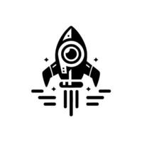 Illustration of a stylized black rocket ship taking off with eyeshaped window and starlike details, set against a stark white background. vector