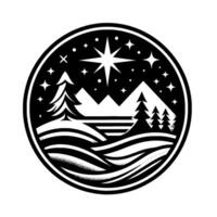 Monochrome circular depicting a starry night over a winter landscape with fir trees and mountains, a glowing star, and wavelike hills. vector