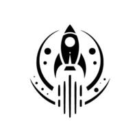 Black and white of a rocket ship taking off, surrounded by a stylized celestial circle with planets, evoking a sense of space exploration and futuristic design. vector