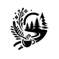 Serene winter scene steam rises from a coffee cup, alongside a winding path through snowcovered evergreen trees, framed by delicate floral and snowflake motifs. vector