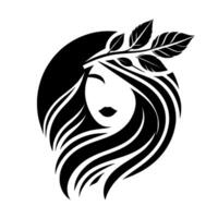 A stylized black and white illustration of a womans face and flowing hair, adorned with a leaf crown, set against a dark circular backdrop. vector