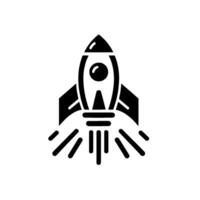 Stylized black and white rocket ship taking off with fire, simple illustration on a white background. vector