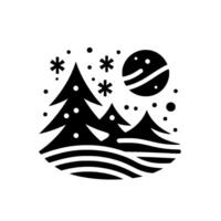 A stark monochrome illustration depicts a winter scene, featuring silhouetted pine trees, falling snowflakes, a stylized moon, and scattered dots. vector
