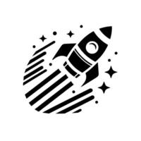 Monochromatic rocket soaring through space, evoking a sense of adventure and discovery with stars and propulsion trails. vector
