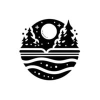 A stylized, black and white circular illustration depicting a serene winter scene featuring silhouetted trees, a full moon, stars, and undulating water, all contained within a rounded frame. vector
