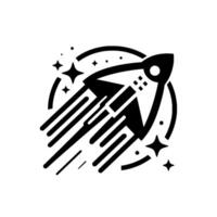 Sleek, minimalist black and white illustration of a rocket ship blasting off through a starry sky, encapsulated by a circular design. vector