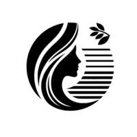 Elegant black and white featuring a womans silhouette with flowing hair, leafy branch, and horizontal lines in a circular composition. vector