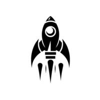 A stylized black rocket with a round window, fins, and exhaust, set against a clean white background, embodying simplicity. vector