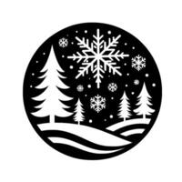 Monochrome winter wonderland a circular scene depicting snowcovered terrain, evergreen trees, and falling snowflakes against a black background. vector